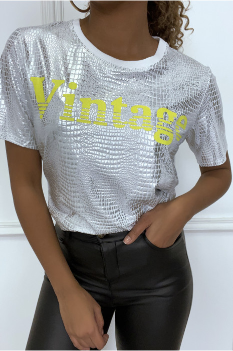 Absoluut mengsel Inpakken Wit T-shirt met ronde hals, zilver iriserend patroon en "Vintage"  belettering.