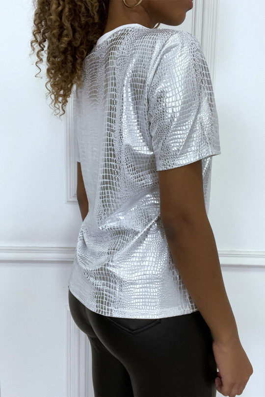 Wit T-shirt met ronde hals, zilver iriserend patroon en "Vintage" belettering - 2