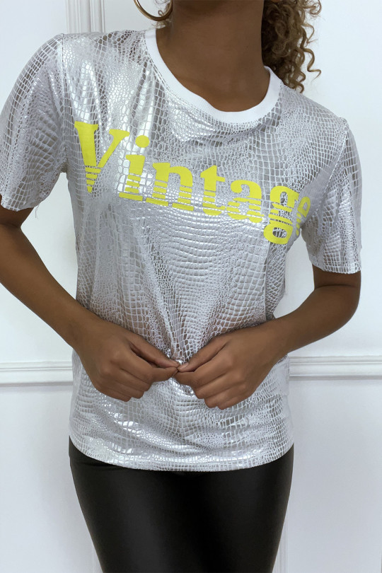 T-shirt blanc col rond avec motif irisé argenté et inscription "Vintage" - 3