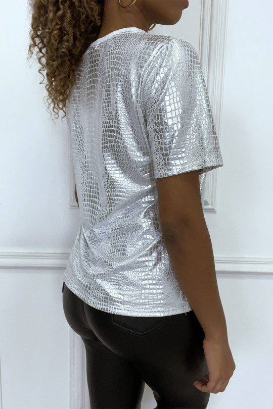 Wit T-shirt met ronde hals, zilver iriserend patroon en fuchsia "Vintage" inscriptie - 1