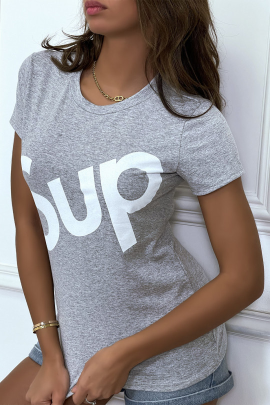 Gray short-sleeved "sup" writing T-shirt - 1