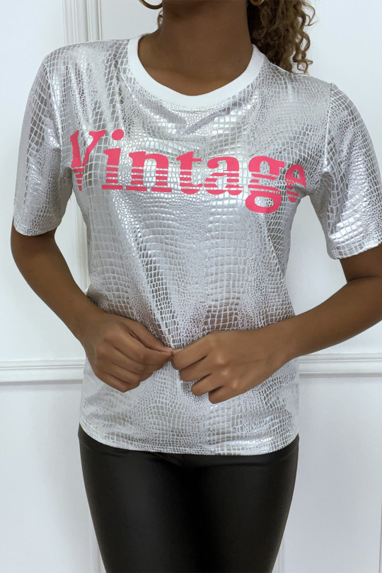 Wit T-shirt met ronde hals, zilver iriserend patroon en fuchsia "Vintage" inscriptie - 3