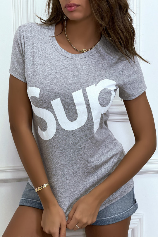 Gray short-sleeved "sup" writing T-shirt - 5