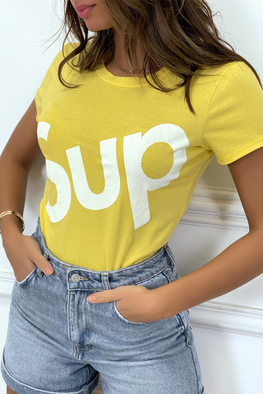 T-shirt écriture "sup" jaune manches courtes - 3