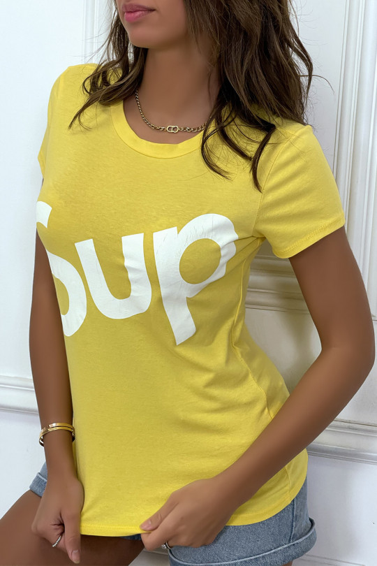 T-shirt écriture "sup" jaune manches courtes - 4