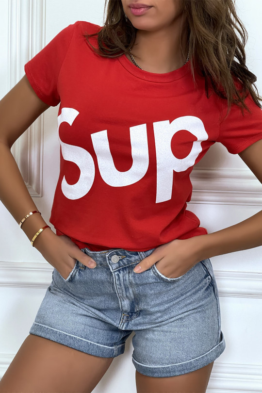 T-shirt écriture "sup" rouge manches courtes - 5