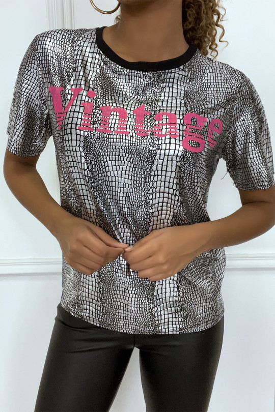 Iridescent silver t-shirt with round neck and fuchsia "Vintage" inscription - 3