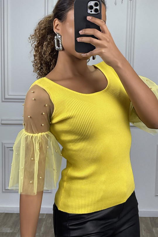 Yellow tulle and pearl puff sleeve top - 3