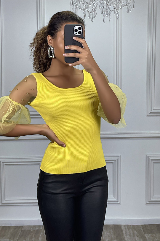 Yellow tulle and pearl puff sleeve top - 4
