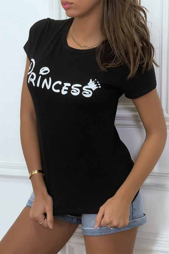 T-shirt noir à col rond, manches courtes, écriture "princess" - 3