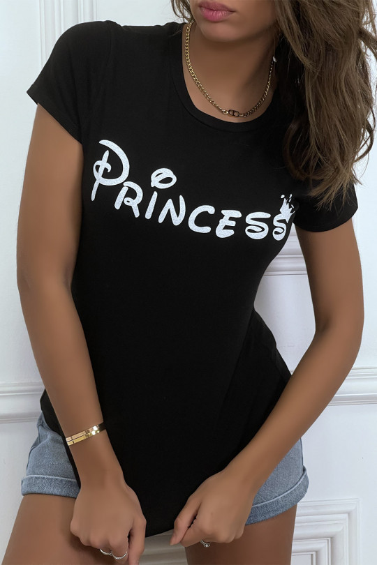 T-shirt noir à col rond, manches courtes, écriture "princess" - 4