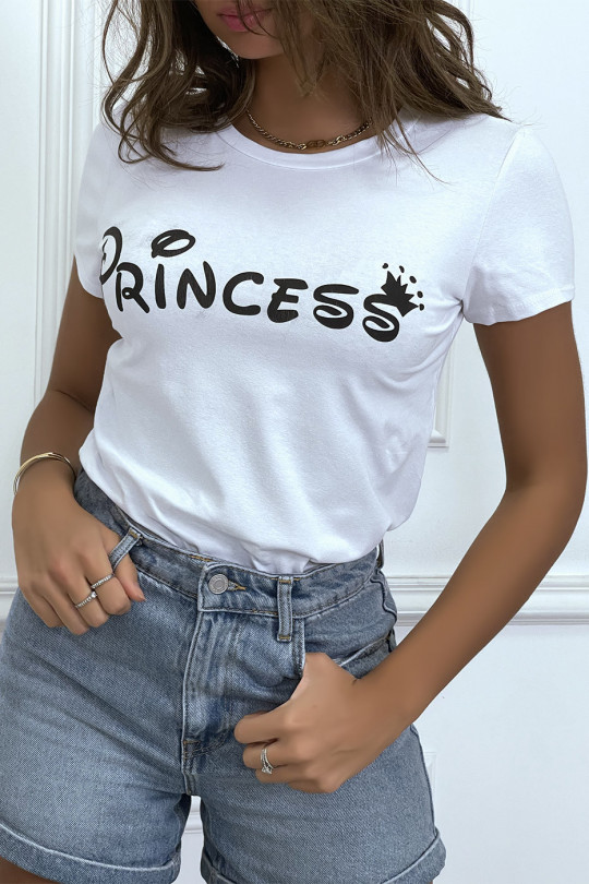 T-shirt blanc à col rond, manches courtes, écriture "princess" - 1