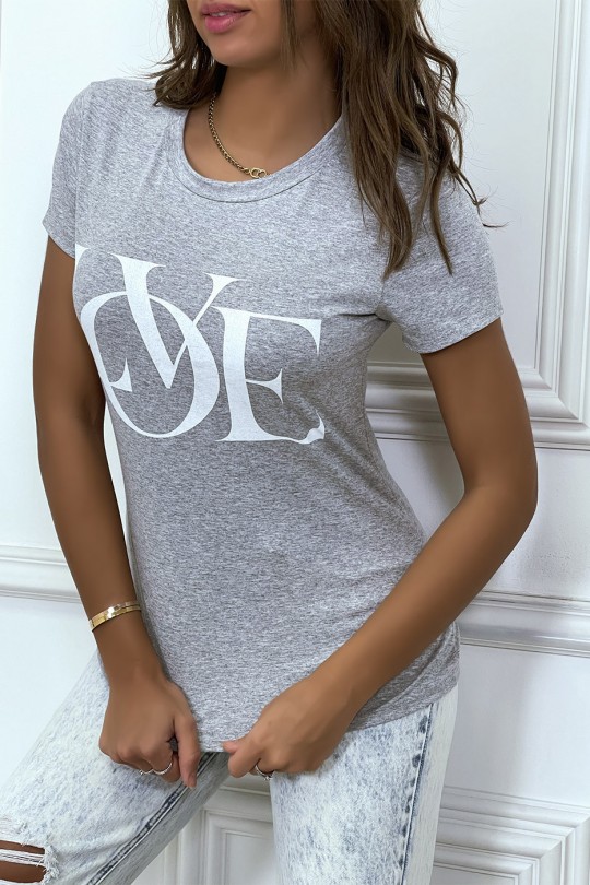 Basic gray close-fitting T-shirt with “Love” inscription - 2