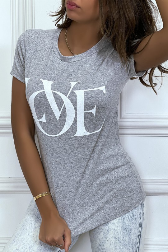 Basic gray close-fitting T-shirt with “Love” inscription - 3