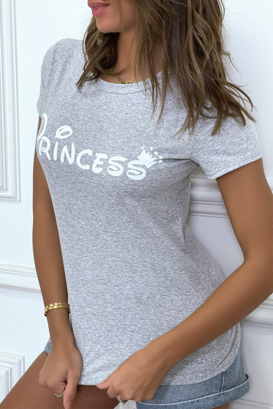 T-shirt gris à col rond, manches courtes, écriture "princess" - 1