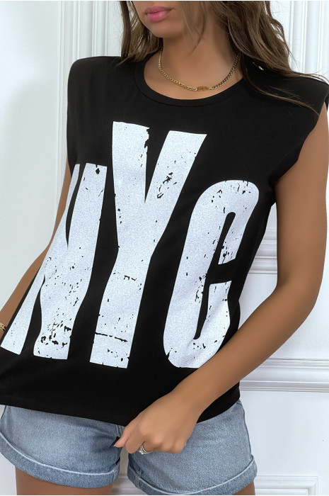 Red sleeveless T-shirt with epaulettes, "NYC" writing - 2