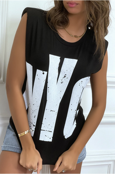 Red sleeveless T-shirt with epaulettes, "NYC" writing - 4