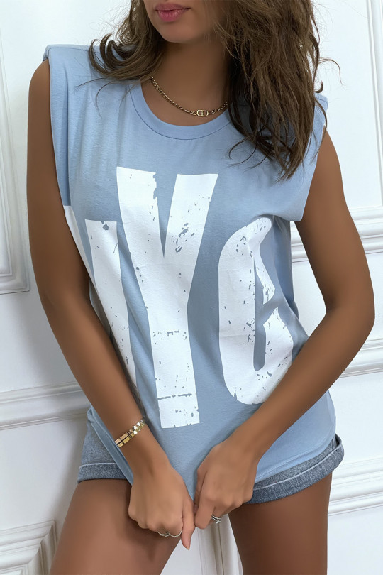 Turquoise sleeveless T-shirt with epaulettes, "NYC" writing - 1