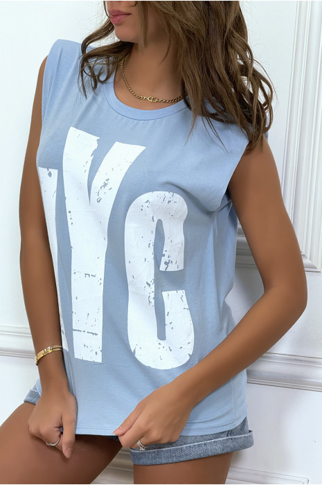 Tee-shirt sans manches turquoise avec épaulettes, écriture "NYC" - 2
