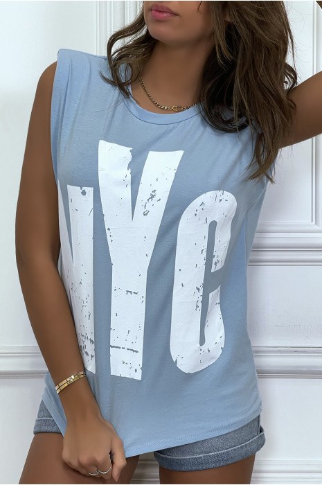 Tee-shirt sans manches turquoise avec épaulettes, écriture "NYC" - 5
