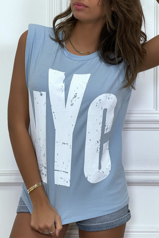 Turquoise sleeveless T-shirt with epaulettes, "NYC" writing - 5