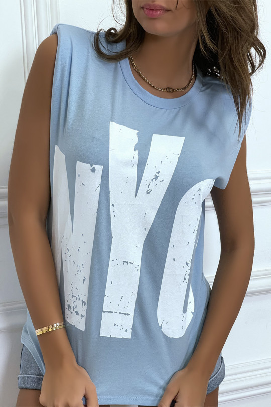 Turquoise sleeveless T-shirt with epaulettes, "NYC" writing - 6