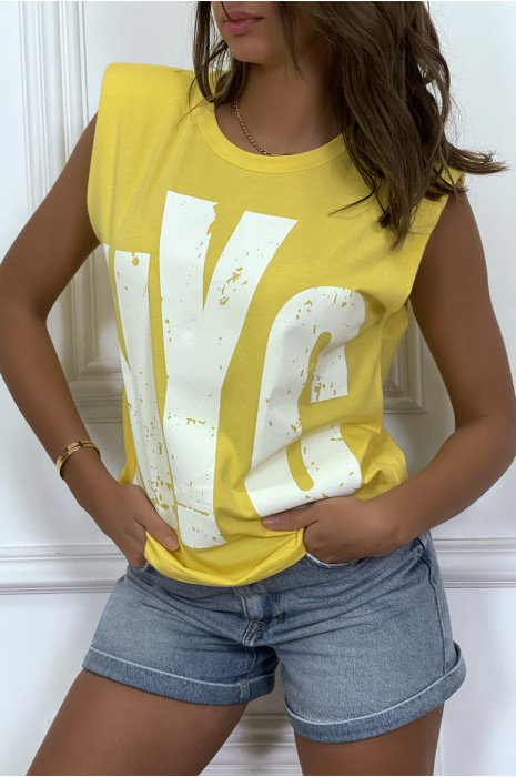 Geel mouwloos T-shirt met epauletten, "NYC" -schrift - 2