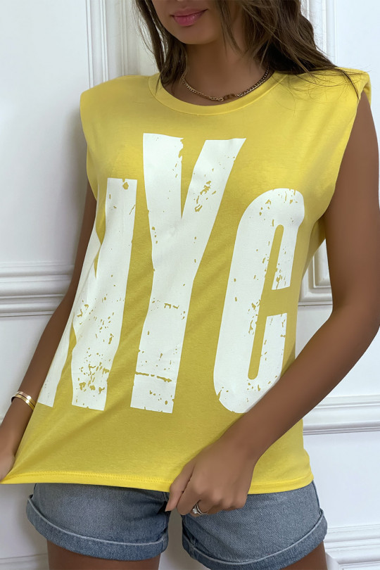 Tee-shirt sans manches jaune avec épaulettes, écriture "NYC" - 4