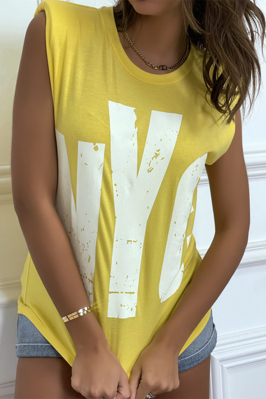 Tee-shirt sans manches jaune avec épaulettes, écriture "NYC" - 5