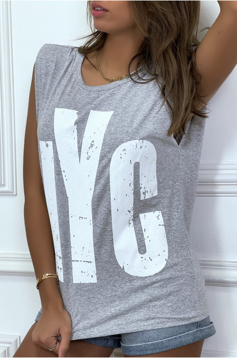 Gray sleeveless T-shirt with epaulettes, "NYC" writing - 3