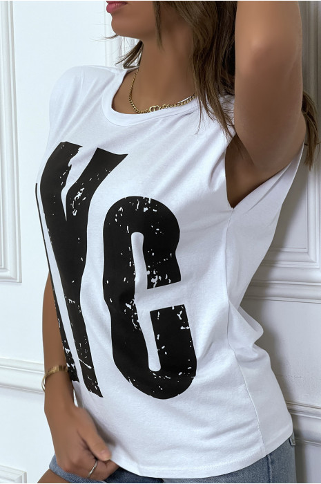 Tee-shirt sans manches blanc avec épaulettes, écriture "NYC" - 2