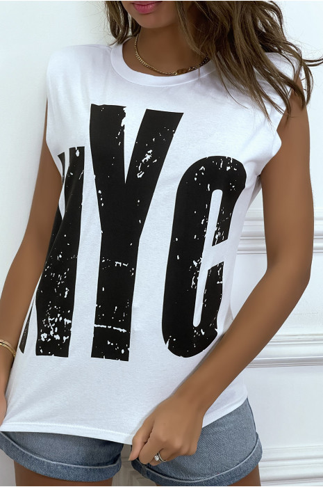 Tee-shirt sans manches blanc avec épaulettes, écriture "NYC" - 3