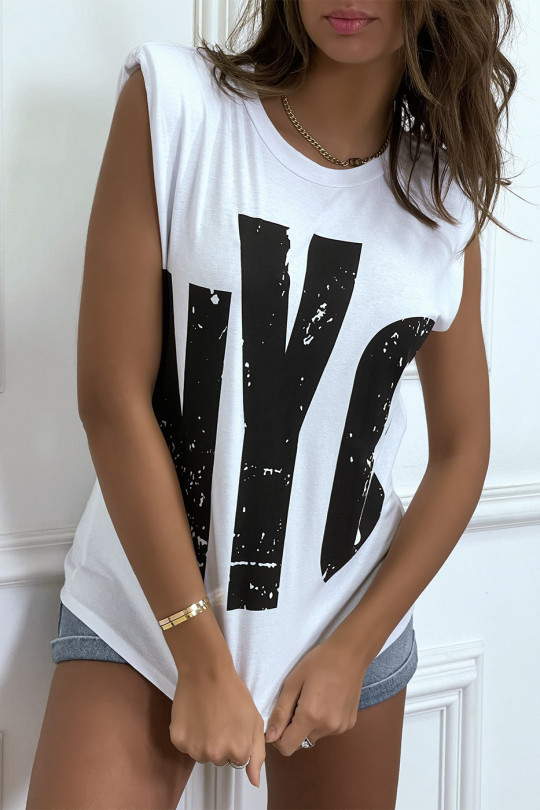 White sleeveless T-shirt with epaulettes, "NYC" writing - 4