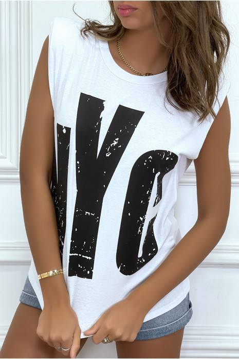 White sleeveless T-shirt with epaulettes, "NYC" writing - 5