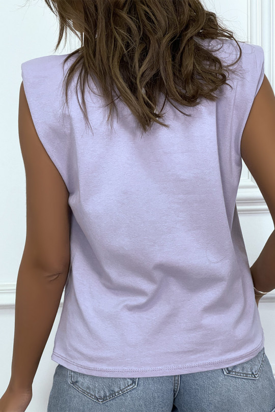 Lilac sleeveless T-shirt with epaulettes, "NYC" writing - 1