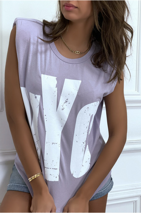 Lilac sleeveless T-shirt with epaulettes, "NYC" writing - 2