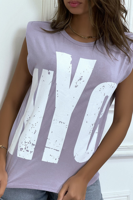 Lilac sleeveless T-shirt with epaulettes, "NYC" writing - 3