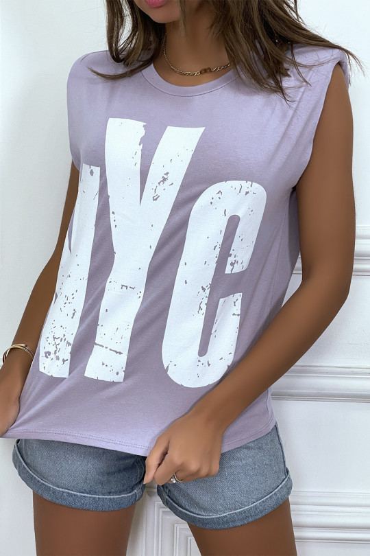 Lilac sleeveless T-shirt with epaulettes, "NYC" writing - 4