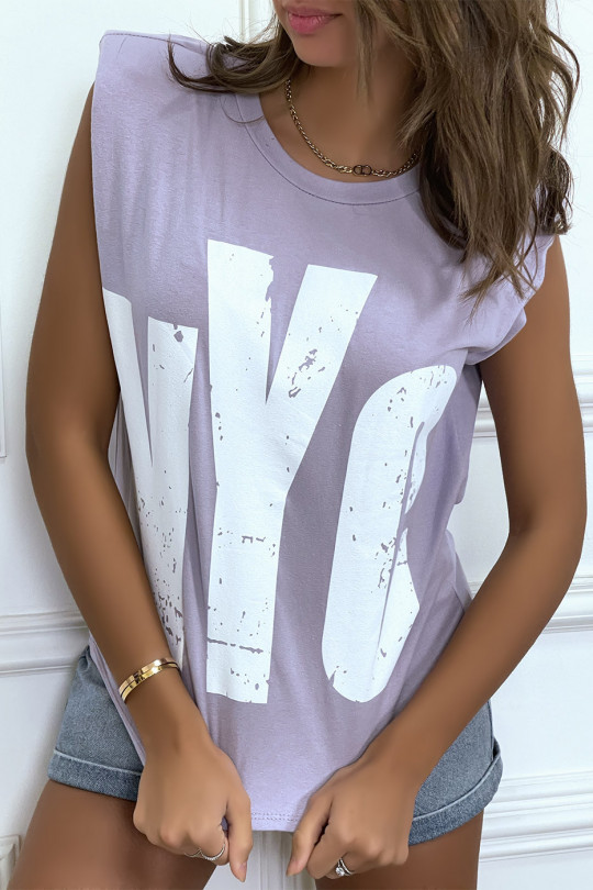 Lilac sleeveless T-shirt with epaulettes, "NYC" writing - 5