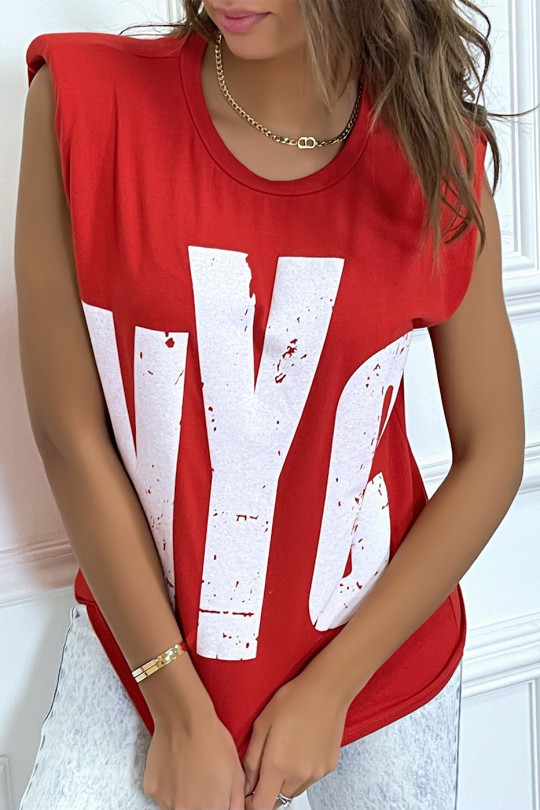 Red sleeveless T-shirt with epaulettes, "NYC" writing - 2