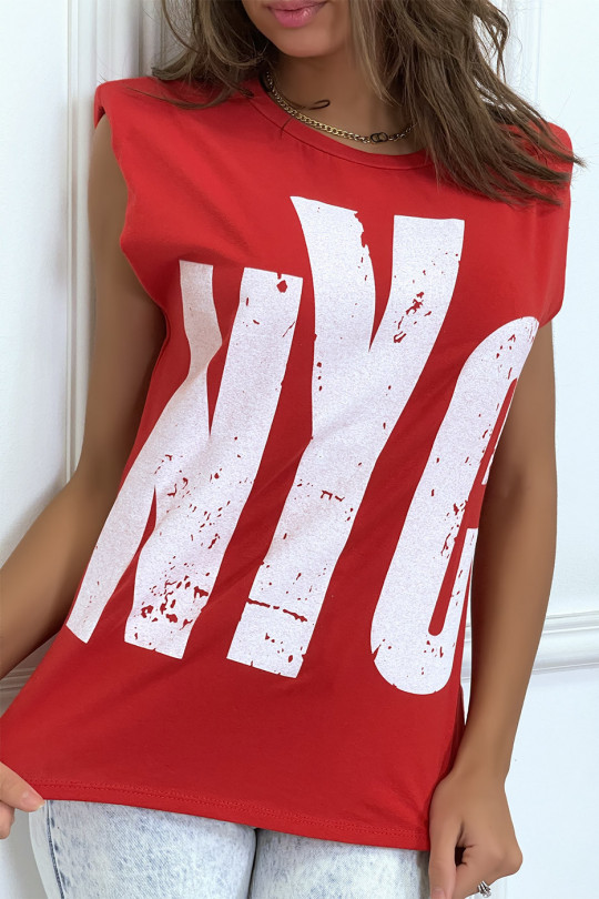 Tee-shirt sans manches rouge avec épaulettes, écriture "NYC" - 3