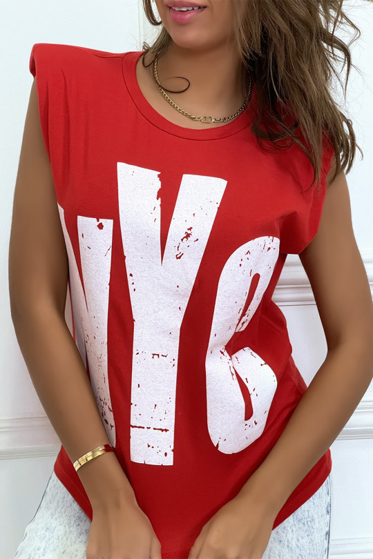 Red sleeveless T-shirt with epaulettes, "NYC" writing - 4