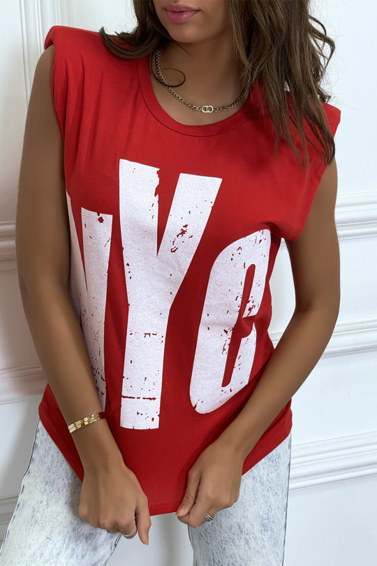 Red sleeveless T-shirt with epaulettes, "NYC" writing - 5
