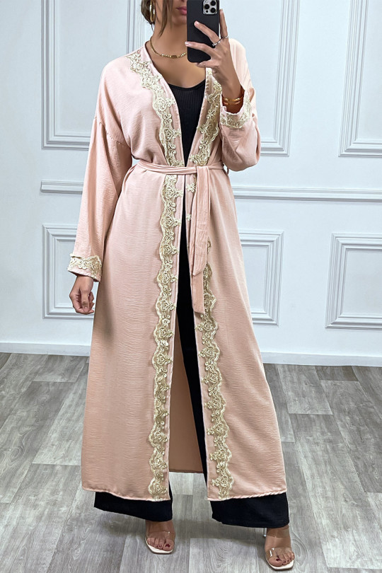 Kimono long ceinturé style abaya rose avec broderie doré - 10