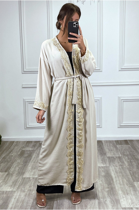 Kimono long ceinturé style abaya beige avec broderie doré - 1