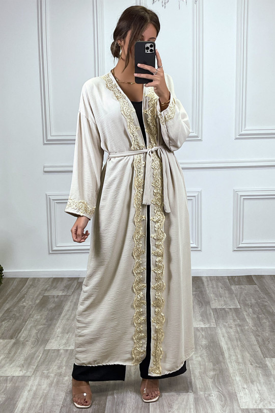 Kimono long ceinturé style abaya beige avec broderie doré - 1