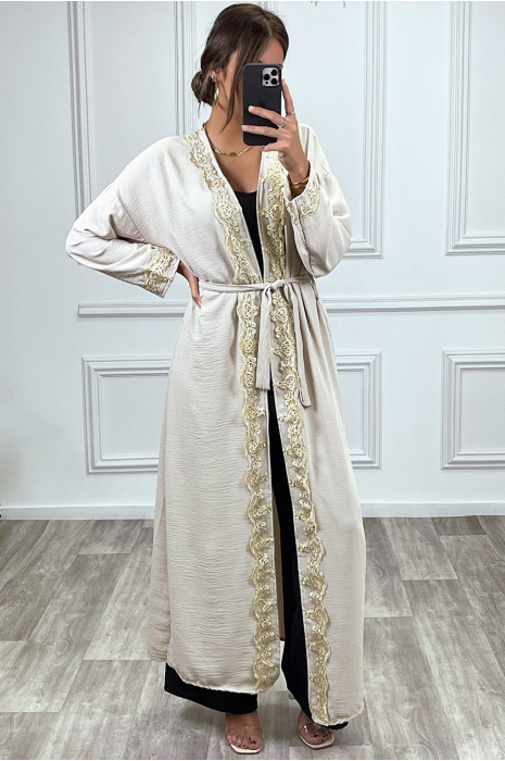 Kimono long ceinturé style abaya beige avec broderie doré - 2