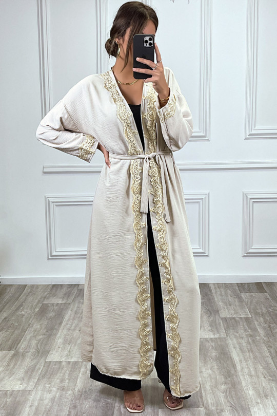 Kimono long ceinturé style abaya beige avec broderie doré - 2
