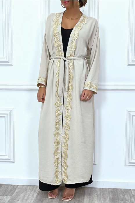 Kimono long ceinturé style abaya beige avec broderie doré - 5