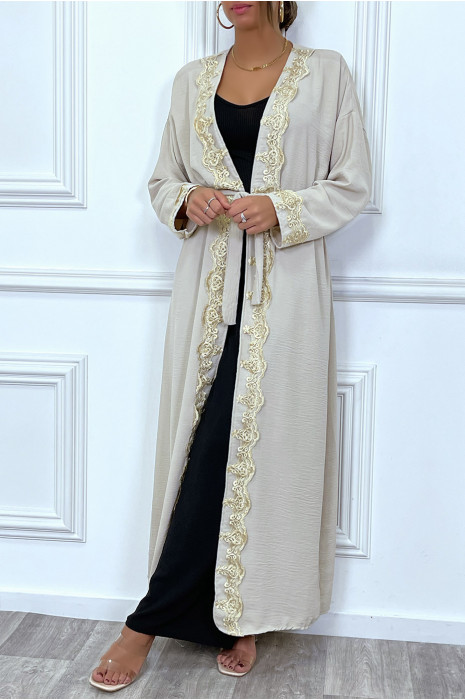 Kimono long ceinturé style abaya beige avec broderie doré - 6